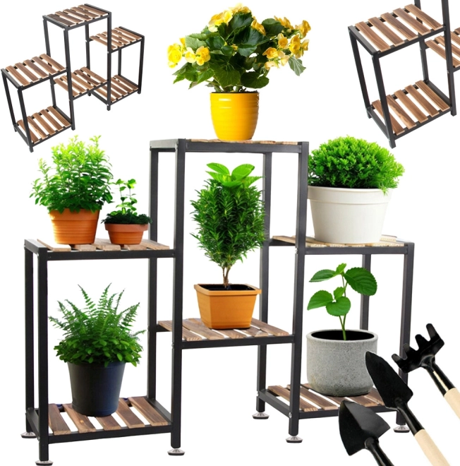Fleretagers planteholder i metal og træ, brun, 6 hylder