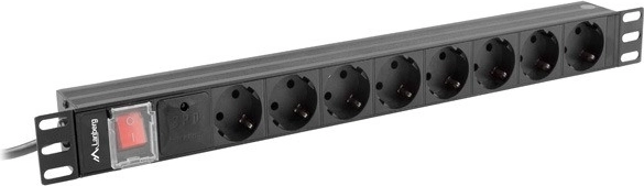 Lanberg rack-strømliste PDU 19″, 1U, 16 A, 8× Schuko, 2 m, sort