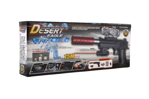 Pistol plast/metal 33cm til vandkugler + patroner 9-11mm på batteri med lys i æsken 34x13x4cm