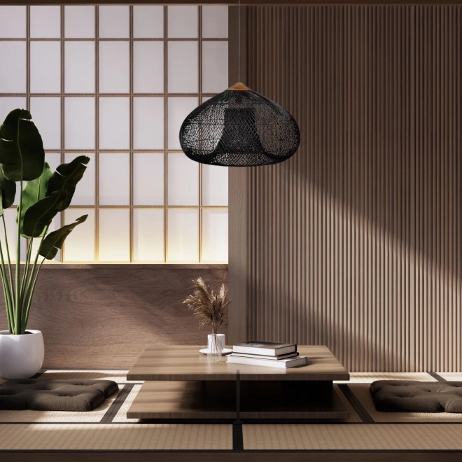 Loftophængt lampe af naturflet - 40 cm - sort