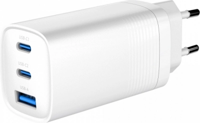 Hurtig GaN-oplader 65 W med Power Delivery, 2× USB‑C og 1× USB‑A, hvid