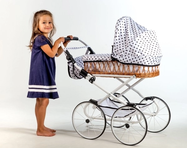 Retro Monika dukkevogn, hvid struktur med polkaprikker, justerbart håndtag 76 cm
