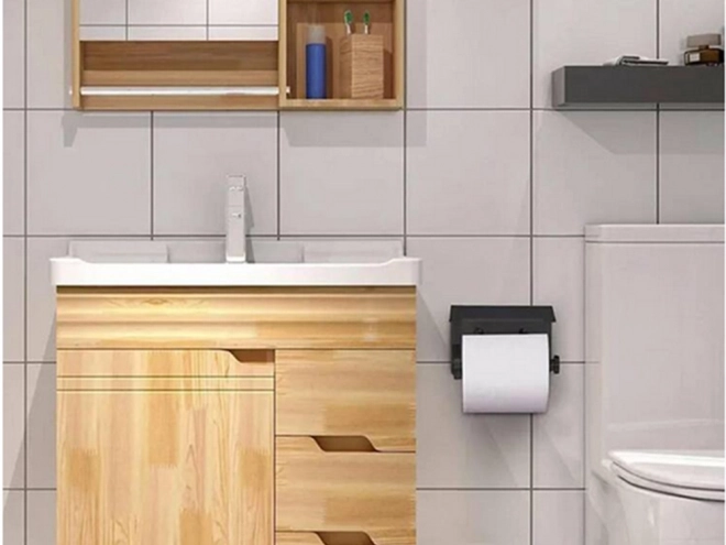 Stål toiletpapirholder med hylde til telefon sort