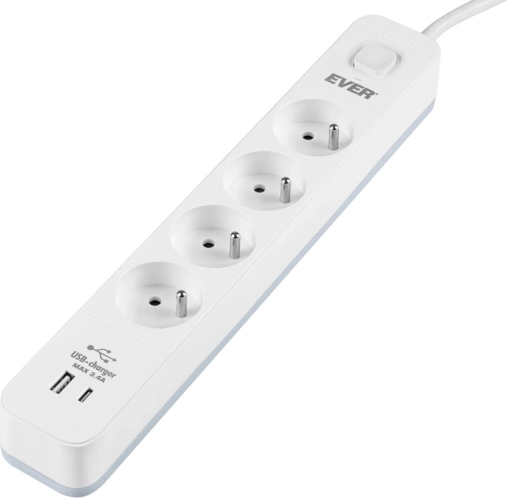 Overspændingsbeskyttet forlængerstik EVER Protect 4 udtag med USB-A og USB-C, 3,4 A