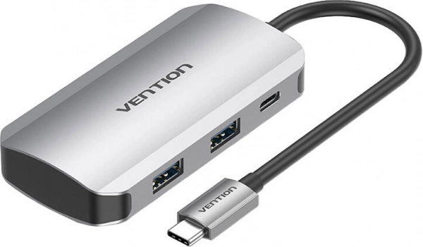 USB-C dokningsstation 5-i-1 med 4× USB 3.0 og PD 100 W strømforsyning Vention, kabel 15 cm, grå