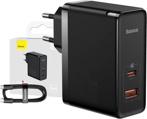 Baseus GaN hurtigoplader USB-C + USB, 100W sort