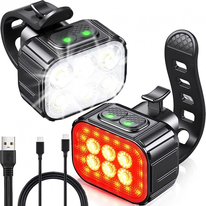 LED cykellys for og bag sæt, USB genopladeligt