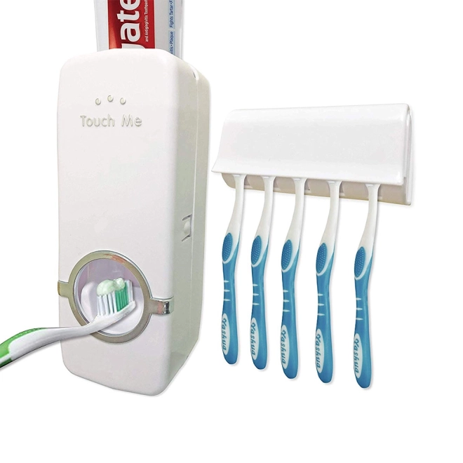 Tandpasta dispenser med tandbørsteholder