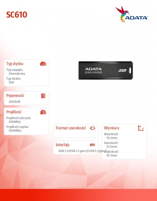 Ekstern SSD-disk ADATA SC610 2000 GB USB 3.2 Gen2 sort