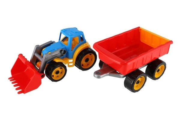 Traktor/lastmaskine/graver med trailer i liggende plast til fri kørsel 2 farver i net 16x61x16cm