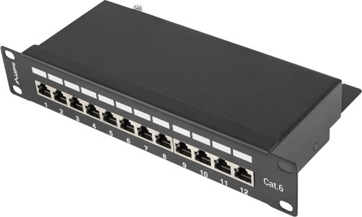 Patchpanel 12 porte 1U til 10'' rack, kategori 6, skærmet, sort