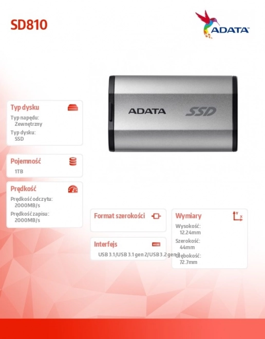 Ekstern SSD-disk ADATA SD810 1TB USB 3.2C 20Gb/s sølv