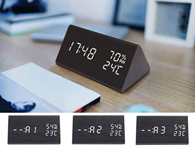 Multifunktionelt elektronisk vækkeur med termometer og hygrometer