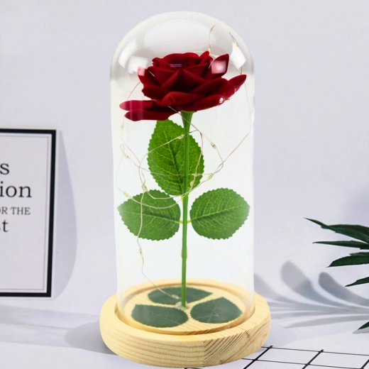 Evig rød rose i glaskuppel med LED-belysning 21 × 11 cm
