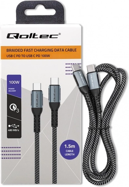Flettet USB‑C til USB‑C‑kabel 100 W, 1,5 m – QOLTEC