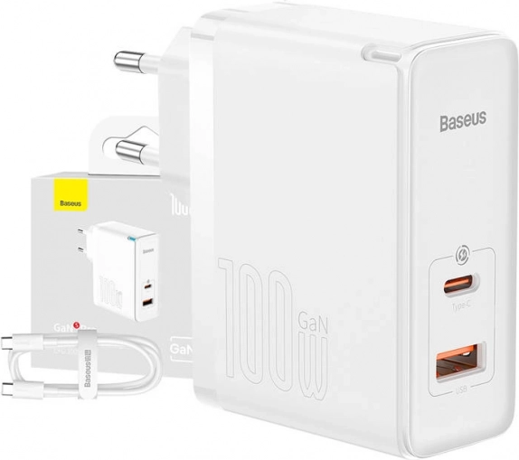 Baseus GaN5 Pro 100W oplader med USB‑C og USB + 1 m kabel, hvid