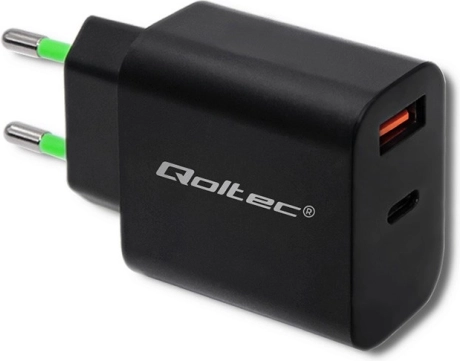 Vægoplader 18W USB Type-C PD og USB QC 3.0 sort