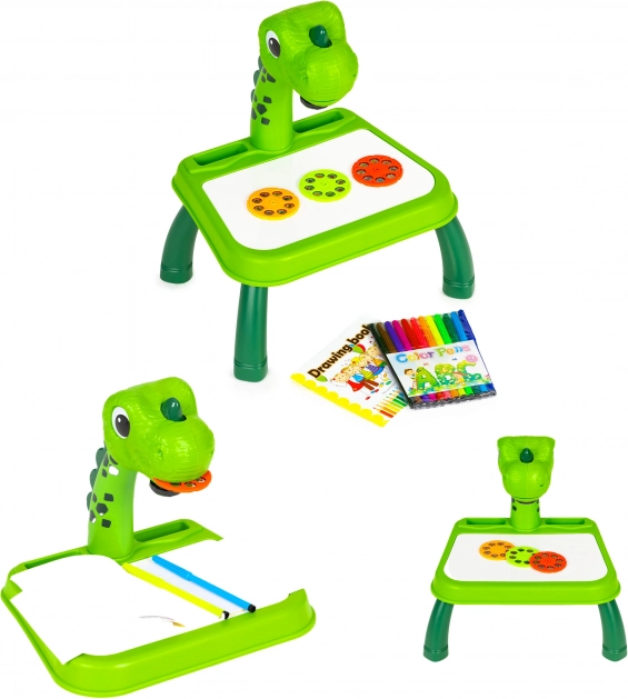 Dinosaur-projektor til tegning med bord, 12 tuscher og 24 skabeloner