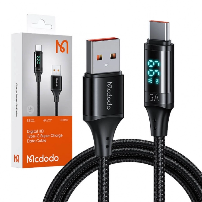 USB til USB-C kabel Mcdodo CA-1080 med display, 66W, 6A, 1,2 m (sort)