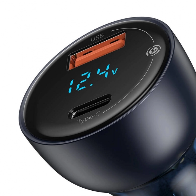 Baseus dobbelt biloplader med digital display, USB og USB-C, hurtig opladning 65W
