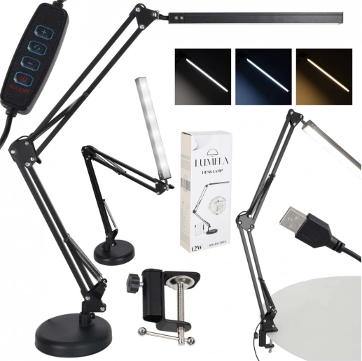Bord-LED-lampe med justerbar arm og USB, 2 monteringsmåder