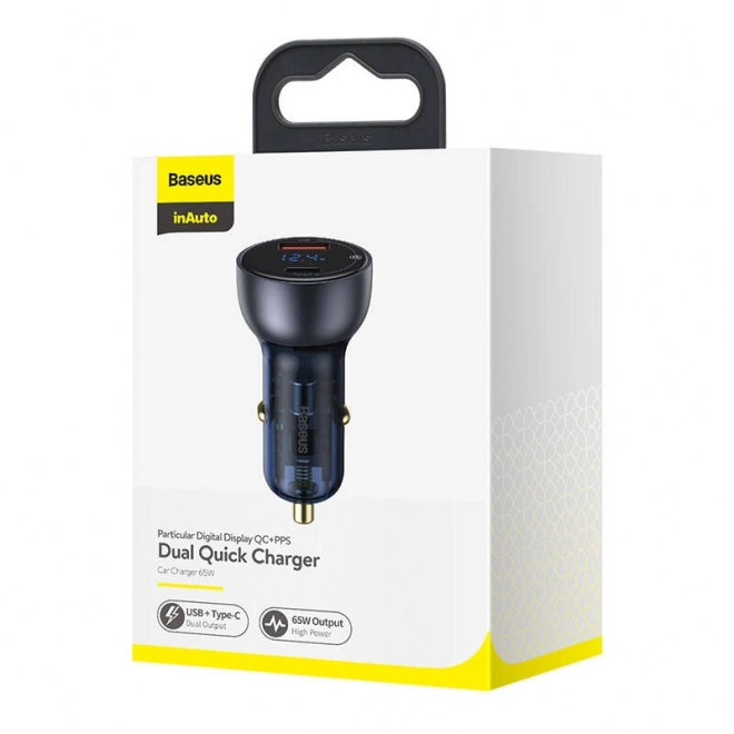 Baseus dobbelt biloplader med digital display, USB og USB-C, hurtig opladning 65W