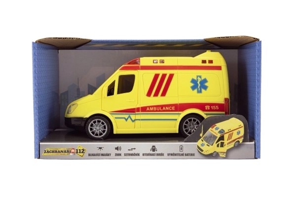 Auto ambulance plast 20cm med inertimotor på batterier med lyd og lys i en boks 26x15x12cm