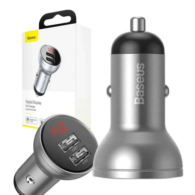 Baseus biloplader med 2 USB-porte og LED-display