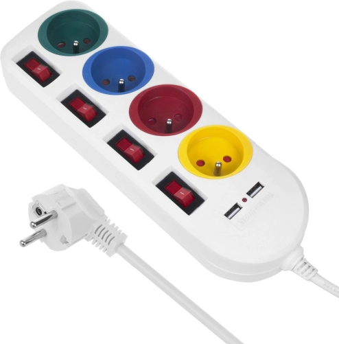 Stikdåse med individuelle afbrydere og 4 stik + 2x USB Maclean Energy hvid