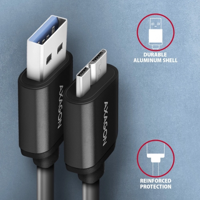 Kabel AXAGON Micro-B USB til USB-A 3.2 Gen 1, 1m, 3A, ALU, PVC, sort