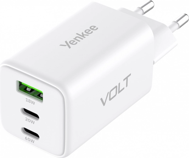 Vægoplader VOLT 65 W GaN, 3× USB (2× USB‑C + 1× USB‑A) med Power Delivery 3.0 og QC 4.0