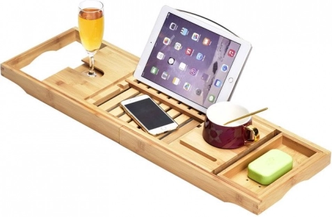 Justerbar bambusbakke til badekar med holder til tablet og vinglas