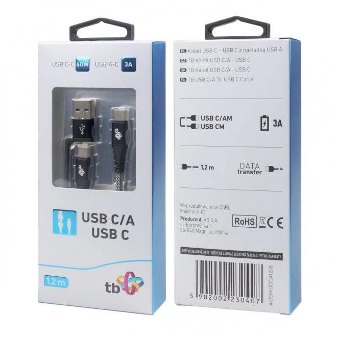Kabel 2i1: USB-C og USB A med længde på 1,2 m