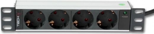 Strømliste til 10" rack 1U, 4x Schuko, 250 V/16 A, kabel 1,8 m
