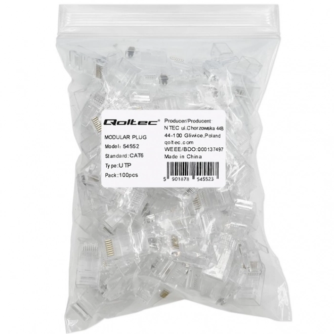 Modulære stik RJ45 CAT6 UTP, forgyldte kontakter, 100 stk