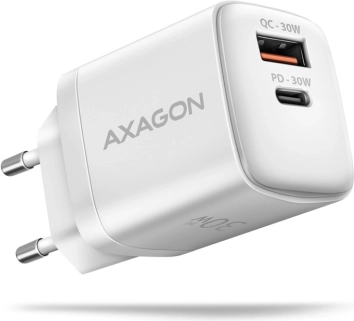 Vægoplader AXAGON 30W PD & QC med USB‑C og USB‑A hvid