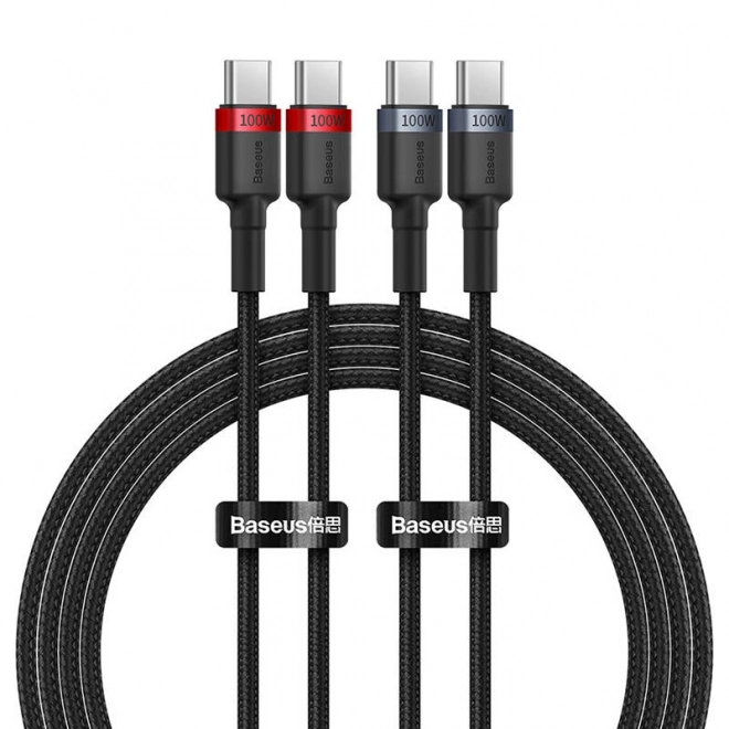 Baseus Cafule USB-C til USB-C 100W kabel, 2m, 2 stk (rød-sort, grå-sort).