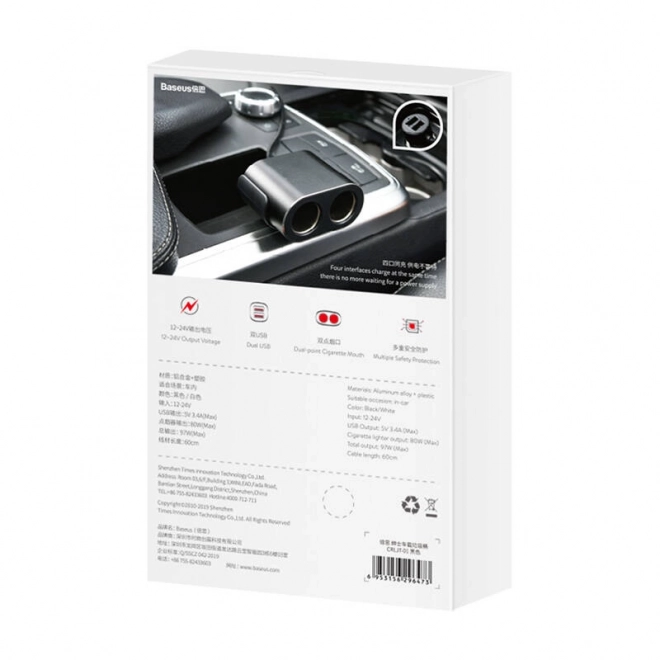 Cigarettænderstik med splitter 2xUSB 3,1A 100W - sort