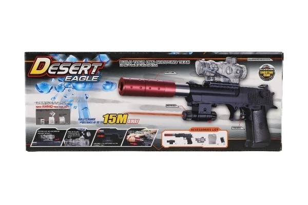 Pistol plast/metal 33cm til vandkugler + patroner 9-11mm på batteri med lys i æsken 34x13x4cm