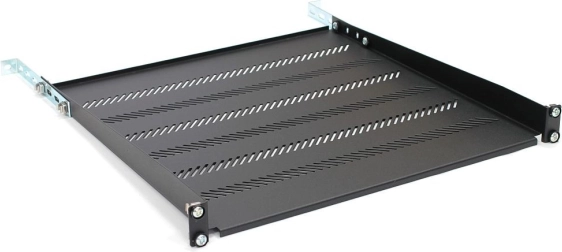Hylde til 19" rack 1U, 483 × 450 mm, sort, perforeret med justering og støtte