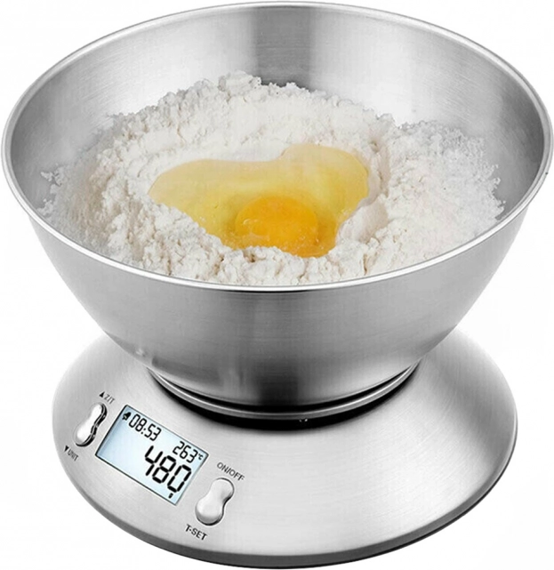 Digital køkkenvægt med skål i rustfrit stål 5 kg, LCD-display