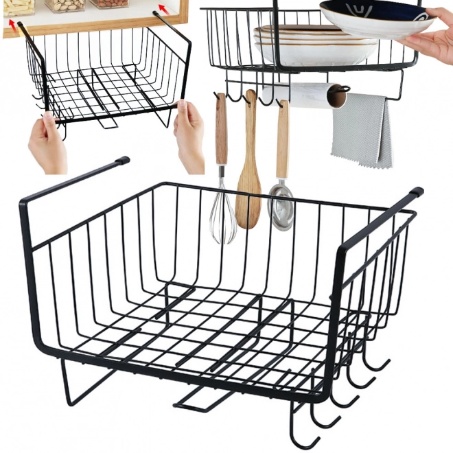 Hængende metalorganisator til under skab med 5 kroge og papirholder sort