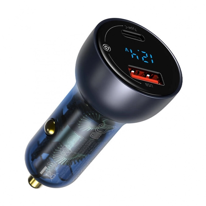 Baseus dobbelt biloplader med digital display, USB og USB-C, hurtig opladning 65W