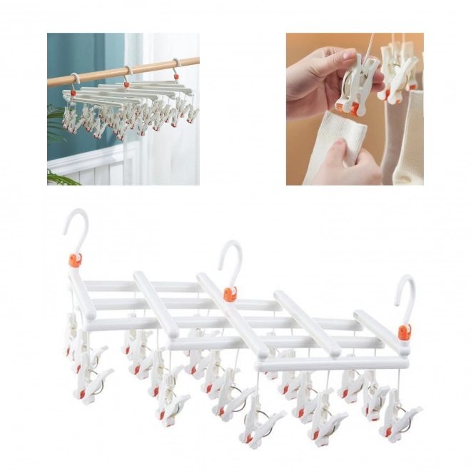 Plastisk foldbar tøjklemme med klips - 19 klips - hvid