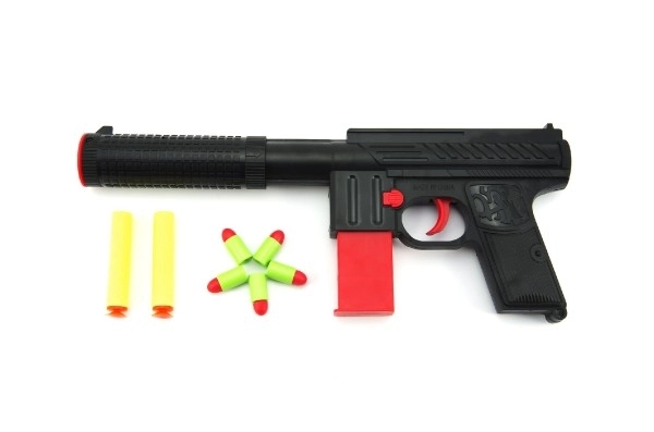 Skumpistol 2 stk + Prop-pistol 5 stk plastik 30 cm i kasse