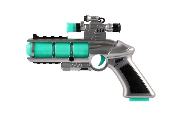 Pistol med sigte plast 20cm på batterier med lyd og lys i æske