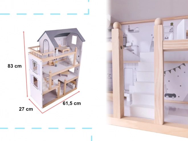 Lys trædukkehus med møbler - 80 cm