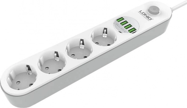 LDNIO overspændingsbeskytter med 4 stik og 4 USB, 2 m, hvid