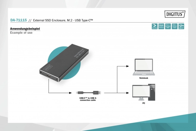 Ekstern USB Type C kabinet til M.2 SSD SATA III, aluminium