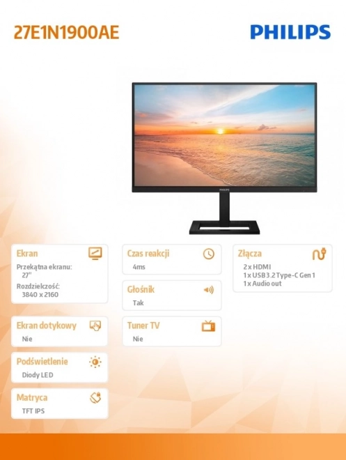 monitor Philips 27 tommer 4K IPS HDMI USB-C med højttalere